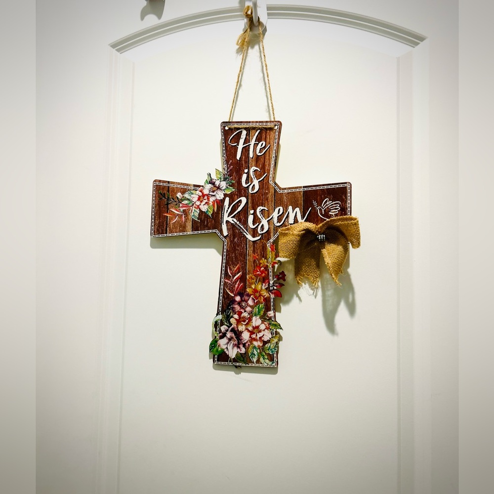 He is Risen Rustic Wooden Easter Cross 14” tall, hanging religious door decor